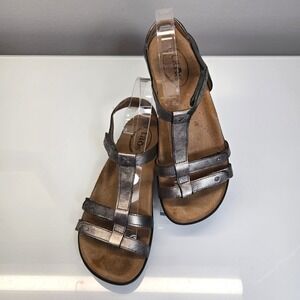 Taos Leather Strappy Sandals 8 Pewter Comfort Walking Boho Metallic Arch Support